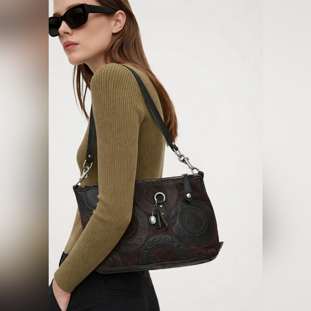 Coach Optic Black Brown Leather Shouder Bag Purse